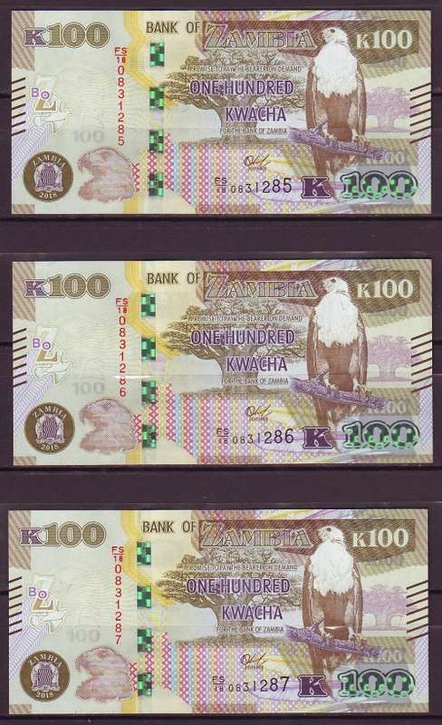 Zambia New Series - 3 by 100 Kwacha Notes in Sequence and UNC