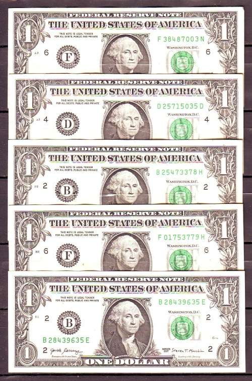 United Stated - 5 by Circulated $1 Dollar Notes