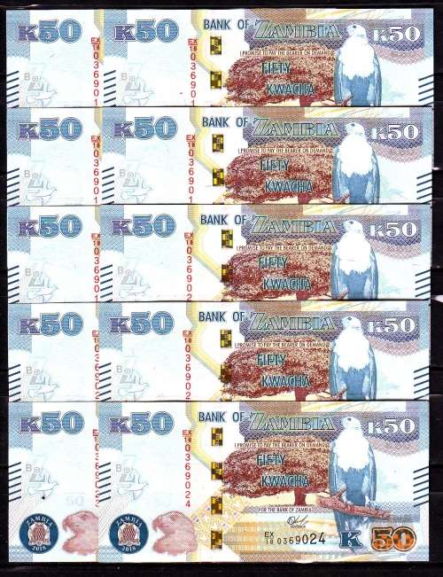 Zambia New Series - 10 by 50 Kwacha Notes in Sequence and UNC