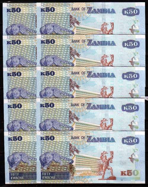 Zambia New Series - 10 by 50 Kwacha Notes in Sequence and UNC