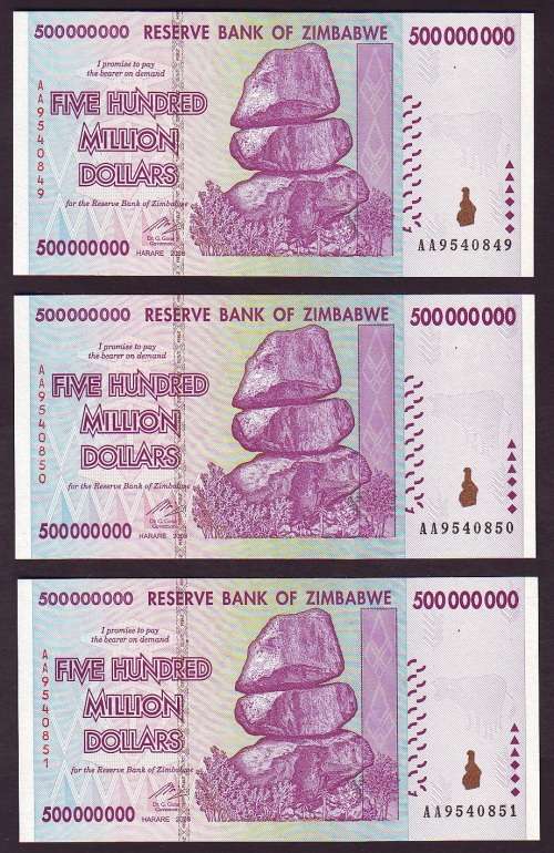 Zimbabwe - 3 by Five Hundred Million Dollars In Sequence ( AA - UNC Notes )