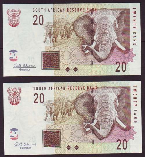 South Africa - Gill Marcus Pair of 20 Rand Notes in Sequence and UNC