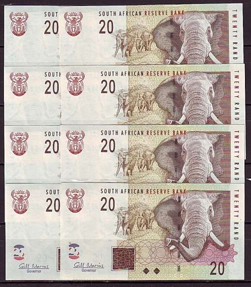South Africa - Gill Marcus 8 by 20 Rand Notes in Sequence and UNC