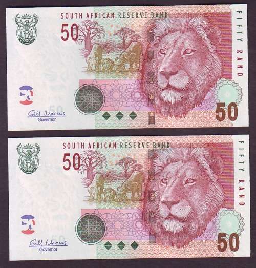 South Africa - Gill Marcus Pair of 50 Rand Notes in Sequence and UNC
