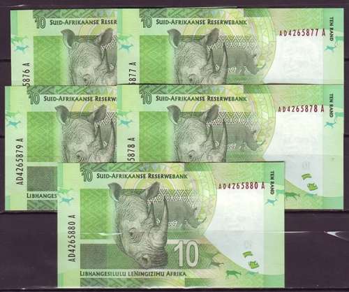 South Africa - Gill Marcus 5 by 10 Rand Notes in Sequence and UNC ( Mandela )