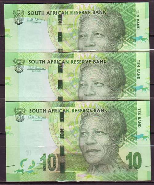 South Africa - Gill Marcus 3 by 10 Rand Notes in Sequence and UNC ( Mandela )