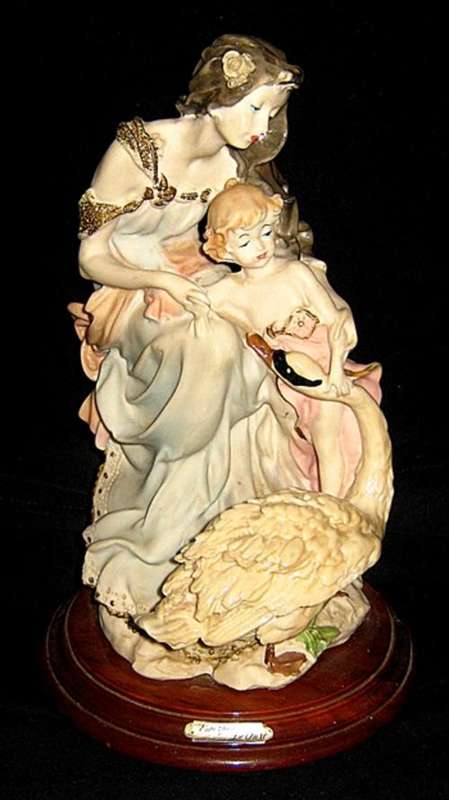 Beautiful Large Italian Figurine of a Woman and Child with a Swan marked " Escorpiao De ouro "