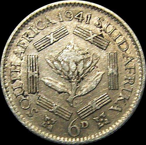 1941 Union of South Africa Sixpence ( 80% Silver ) King George VI