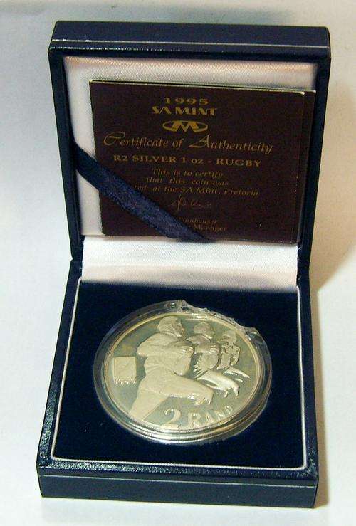 1995 World Cup Rugby Silver Two Rand ( Oz of Silver ) - Boxed Proof with Certificate