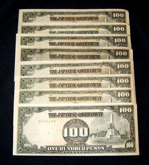 The Japanese Government Collection of Eight 100 Peso Notes in Very Good Condition