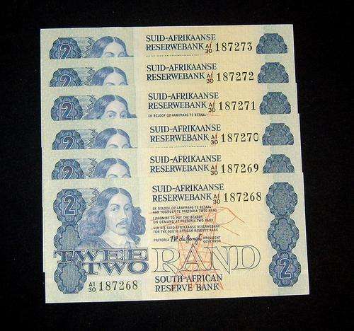 T.W de Jong Two Rand Notes - Serial Run of 6 Notes - Unc Condition
