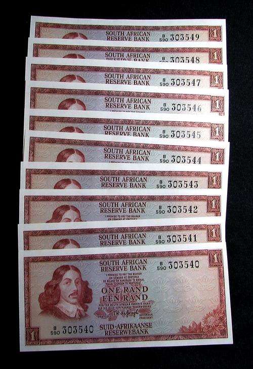 T.W de Jong - Ten one rand notes in Sequence and UNC