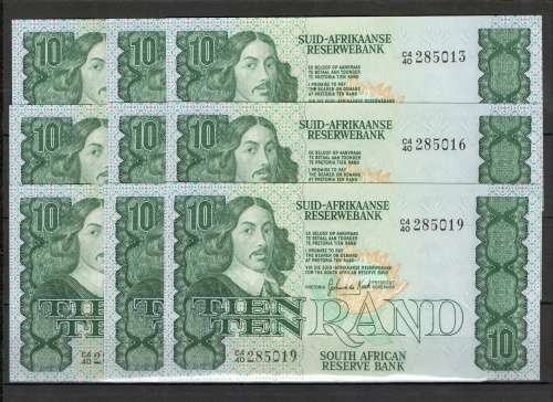 Republic of South Africa - De Kock 6 by Ten Rand Notes in Sequence and UNC