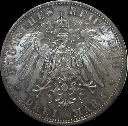 Germany 1911 .900 Silver Drei Mark - Good Looking Coin