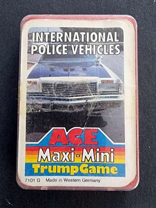 Vintage ACE Maxi-Mini Trump Game ( Made in Germany) in Case - International Police Vehicles