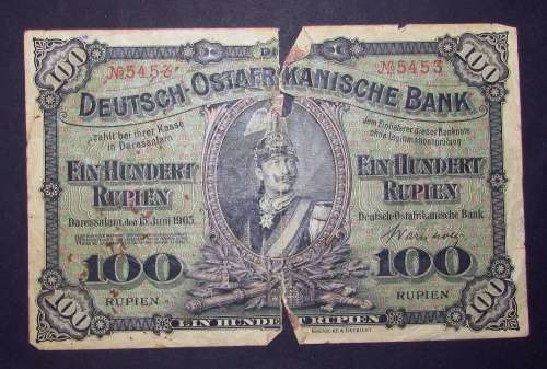 Last One - Rare - 1905 Deutsch - Ostafrikanische Bank 100 Rupie Note ( Catalogue in Fine R16000 )