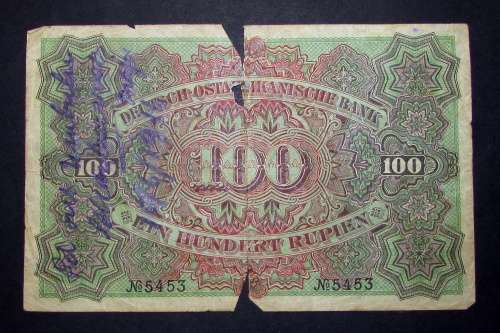 Last One - Rare - 1905 Deutsch - Ostafrikanische Bank 100 Rupie Note ( Catalogue in Fine R16000 )
