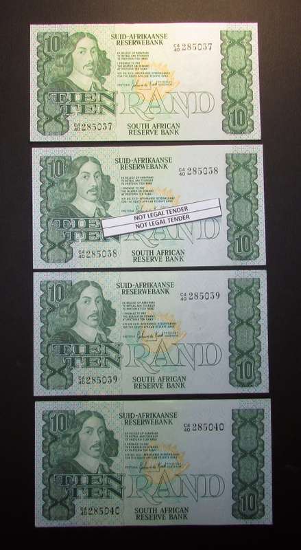 Republic of South Africa - Gerhard De Kock - 4 by Ten Rand Banknotes in Sequence and UNC
