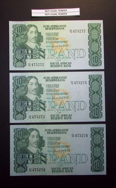 Republic of South Africa - Gerhard De Kock - 3 by 10 Rand Banknotes in Sequence and UNC
