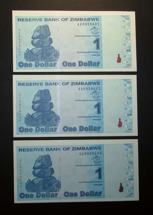 Reserwe Bank of Zimbabwe - 3 by 1 Dollar Banknotes in Sequence and UNC