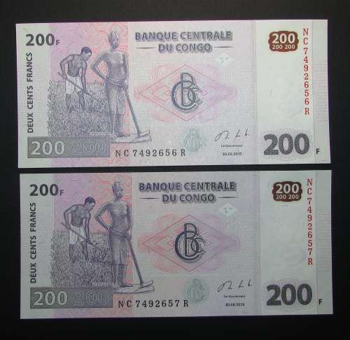 Central Bank of the Congo - 2 by 200 Franc Banknotes in Sequence and UNC