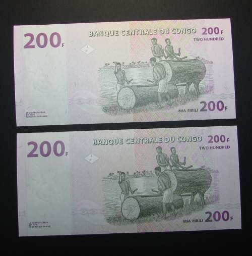 Central Bank of the Congo - 2 by 200 Franc Banknotes in Sequence and UNC