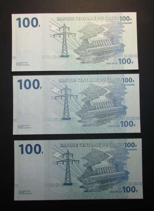 Central Bank of the Congo - 3 by 100 Franc Banknotes in Sequence and UNC