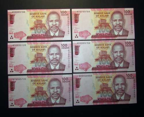 Reserve Bank of Malawi - 6 by 100 Kwacha Banknotes