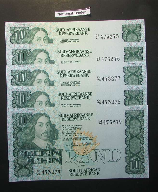 Gerhard de Kock - 5 by 10 Rand Notes in Sequence