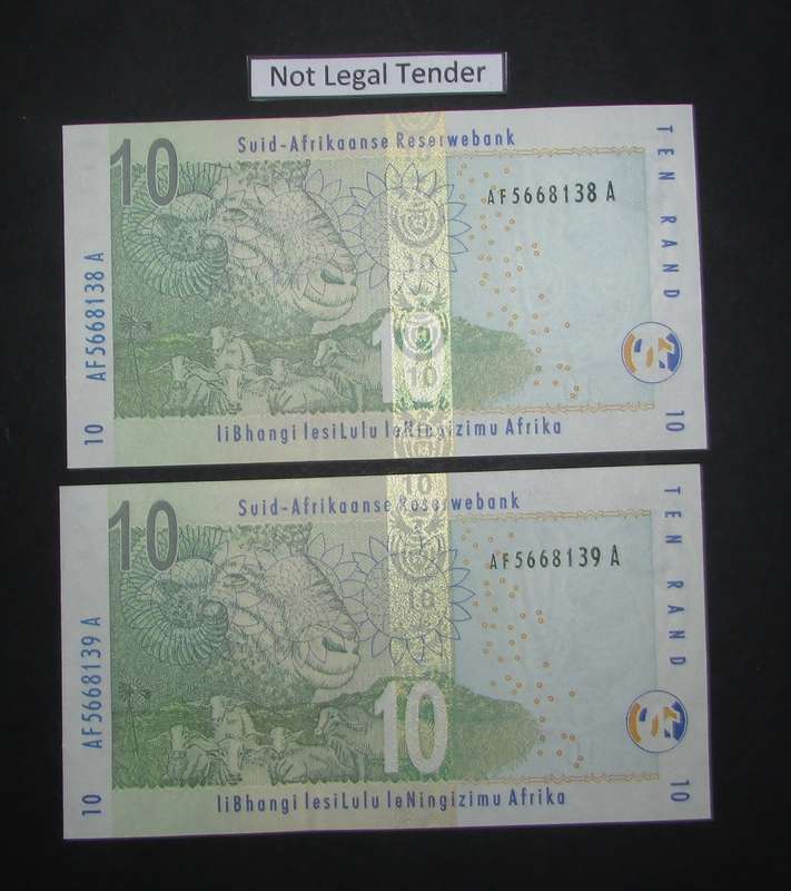 South Africa - 2 by 10 Rand Notes in Sequence and UNC