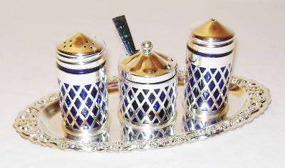 Queen Anne - Silver Plated Traditional Blue Glass Condiment Set