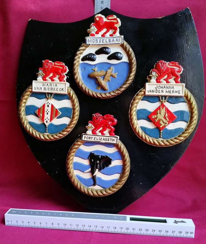 Naval Plaques - 4 Mounted  (Coat of Arms)-Made from Plaster of Paris mounted on wood plaque & shield