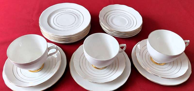 Queen Anne Bone China  - 22 piece White Tea Set with Gilt Trimming & Edging