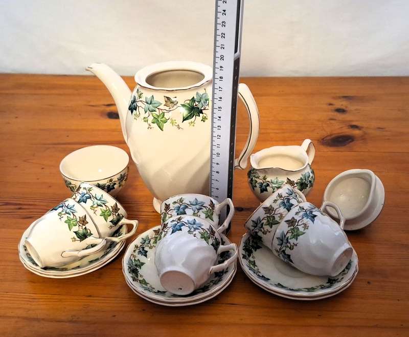 Antique "Old Chelsea Ivy Evergreen Pattern" Johnson Bros. Demitasse 15 Piece Coffee Set