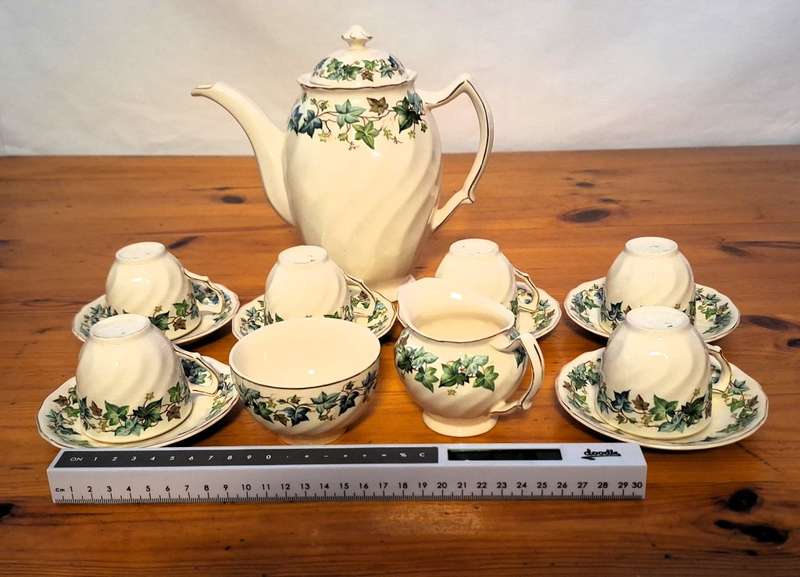Antique "Old Chelsea Ivy Evergreen Pattern" Johnson Bros. Demitasse 15 Piece Coffee Set