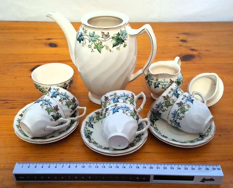 Antique "Old Chelsea Ivy Evergreen Pattern" Johnson Bros. Demitasse 15 Piece Coffee Set