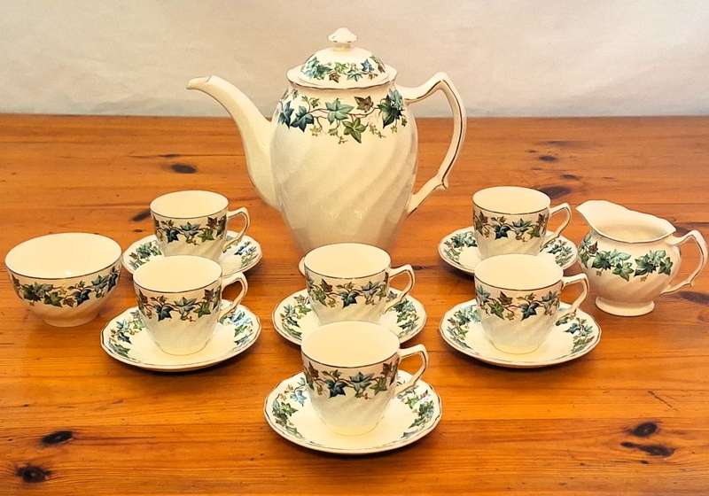 Antique "Old Chelsea Ivy Evergreen Pattern" Johnson Bros. Demitasse 15 Piece Coffee Set