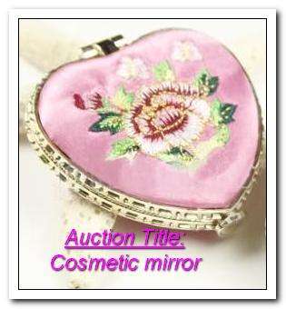 Heart-Shaped floral embroidered Cosmetic mirror 6cm x 6cm / Decor/Gift-->color = pink