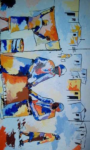 ONE OF WELCOME MANDLA KOBOKA EARLY WORKS.OIL ON BOARD UNFRAMED