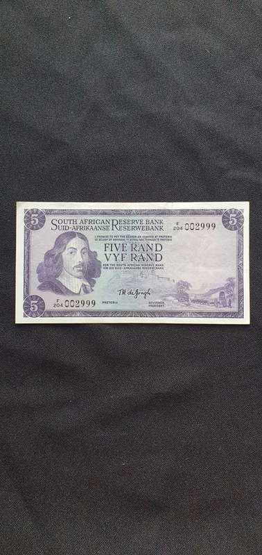 South African 5 Rand Bank Note T.W. de Jongh