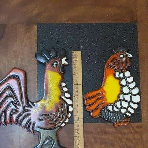 Two Bright Pottery Chicken Wall Plaques