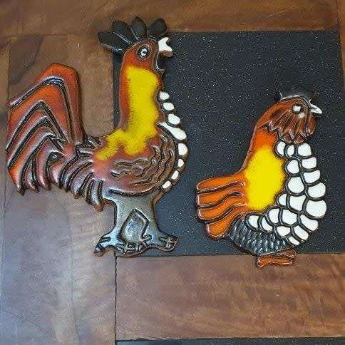 Two Bright Pottery Chicken Wall Plaques