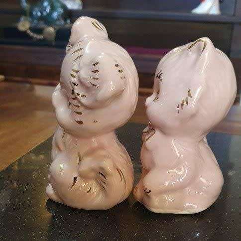 2 x Pink Porcelain Cats One Chipped