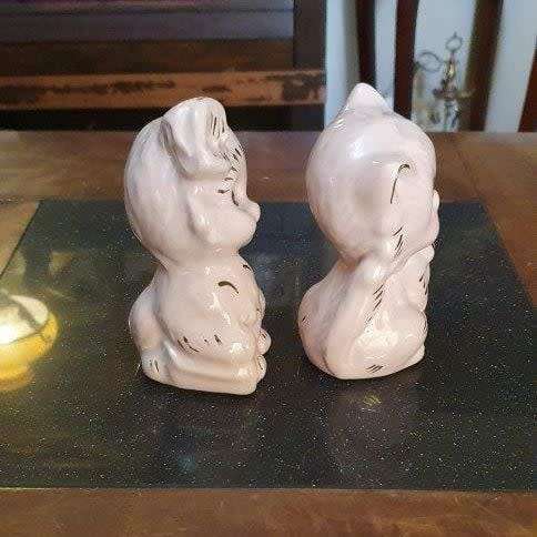 2 x Pink Porcelain Cats One Chipped