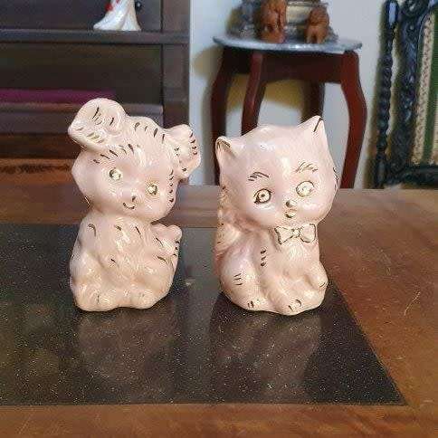 2 x Pink Porcelain Cats One Chipped