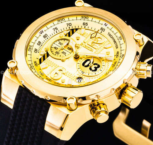 Invicta FLIGHT AVIATOR CHRONOGRAPH 18Kt Gold Plated Black Strap 50mm Men Watch