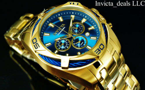 NEW Invicta Men`s 52mm BOLT SCUBA Chronograph BLUE DIAL 18K Gold Plated SS Watch