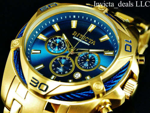NEW Invicta Men`s 52mm BOLT SCUBA Chronograph BLUE DIAL 18K Gold Plated SS Watch