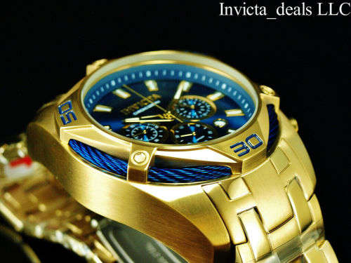NEW Invicta Men`s 52mm BOLT SCUBA Chronograph BLUE DIAL 18K Gold Plated SS Watch