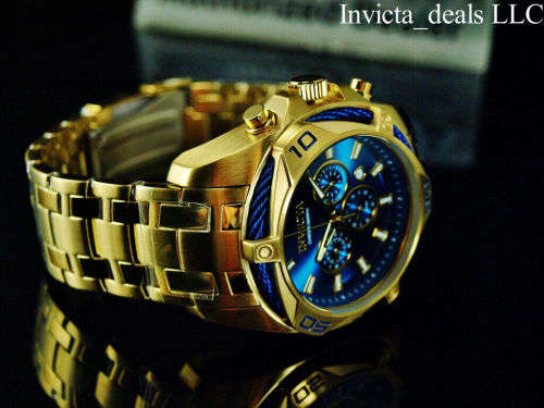 NEW Invicta Men`s 52mm BOLT SCUBA Chronograph BLUE DIAL 18K Gold Plated SS Watch